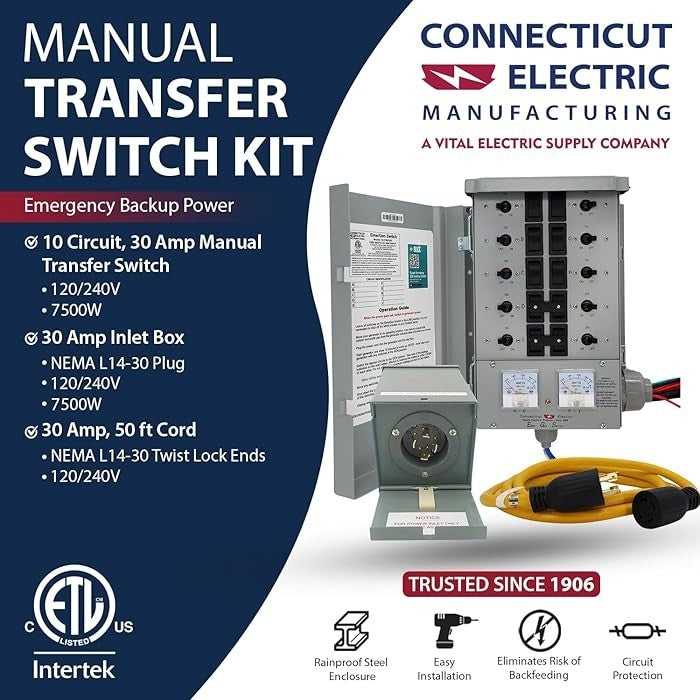 Connecticut Electric Emergen 30 Amp 10 Circuit G2 Transfer Switch Kit w/50' Cord