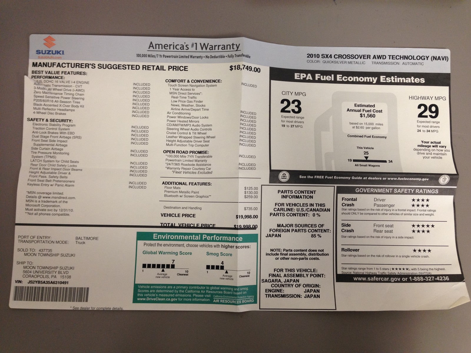 2010 Suzuki SX4 OEM Owner's Manual w/ Supplements & Case - Free Shipping
