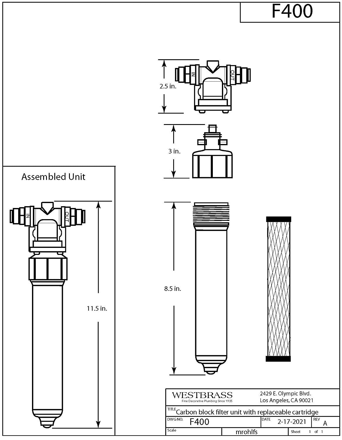 Westbrass F400 Single Stage Water Filter.  FREE SHIPPING INCLUDED!