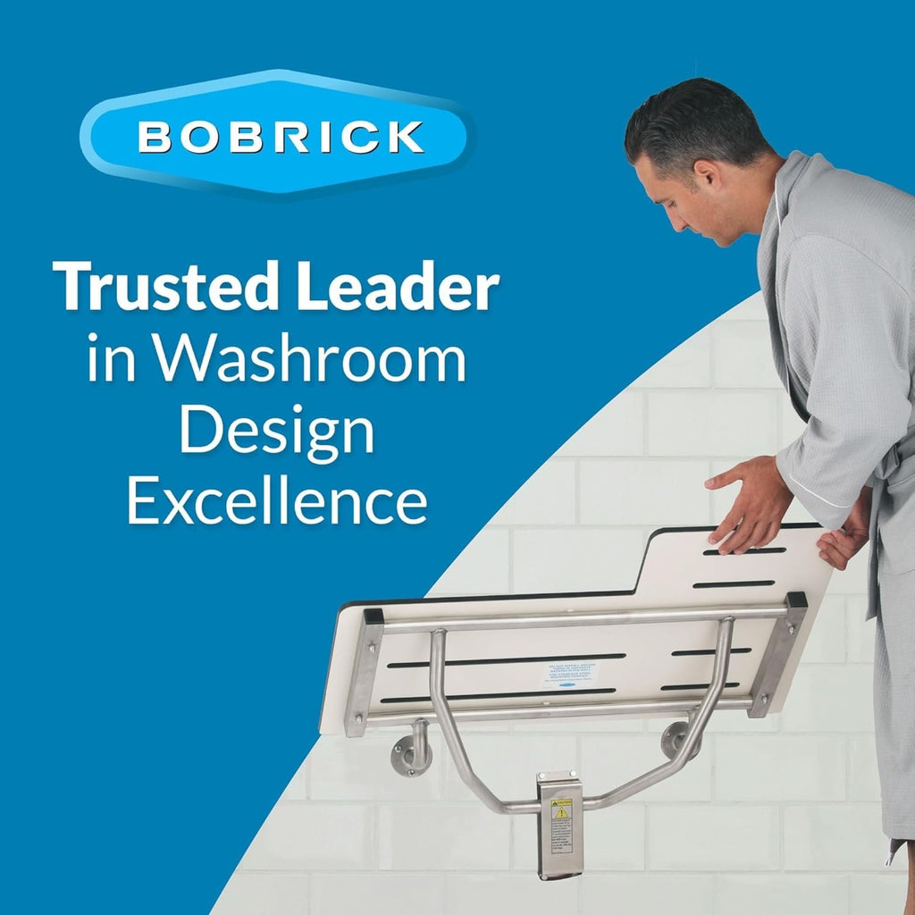 Bobrick Reversible Folding Shower Seat, White/Stainless Steel, Model B-5181