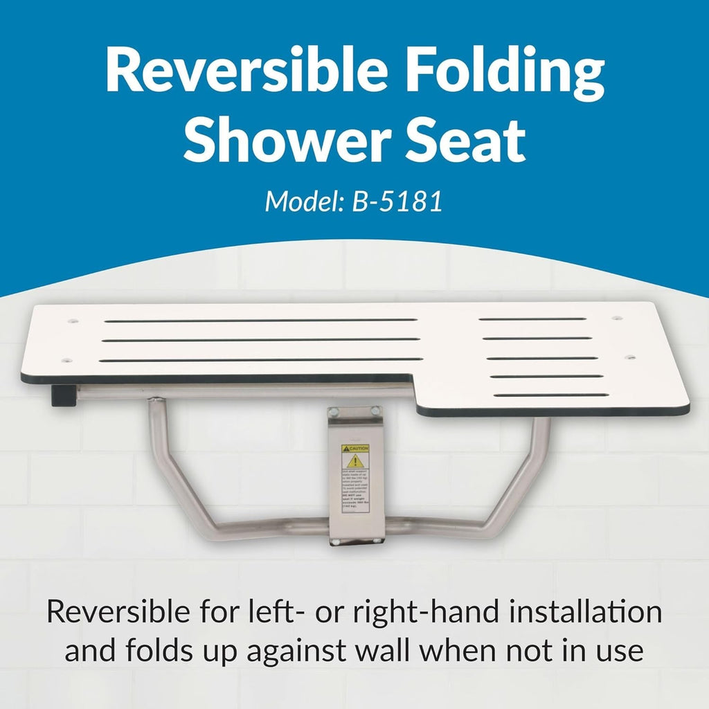 Bobrick Reversible Folding Shower Seat, White/Stainless Steel, Model B-5181