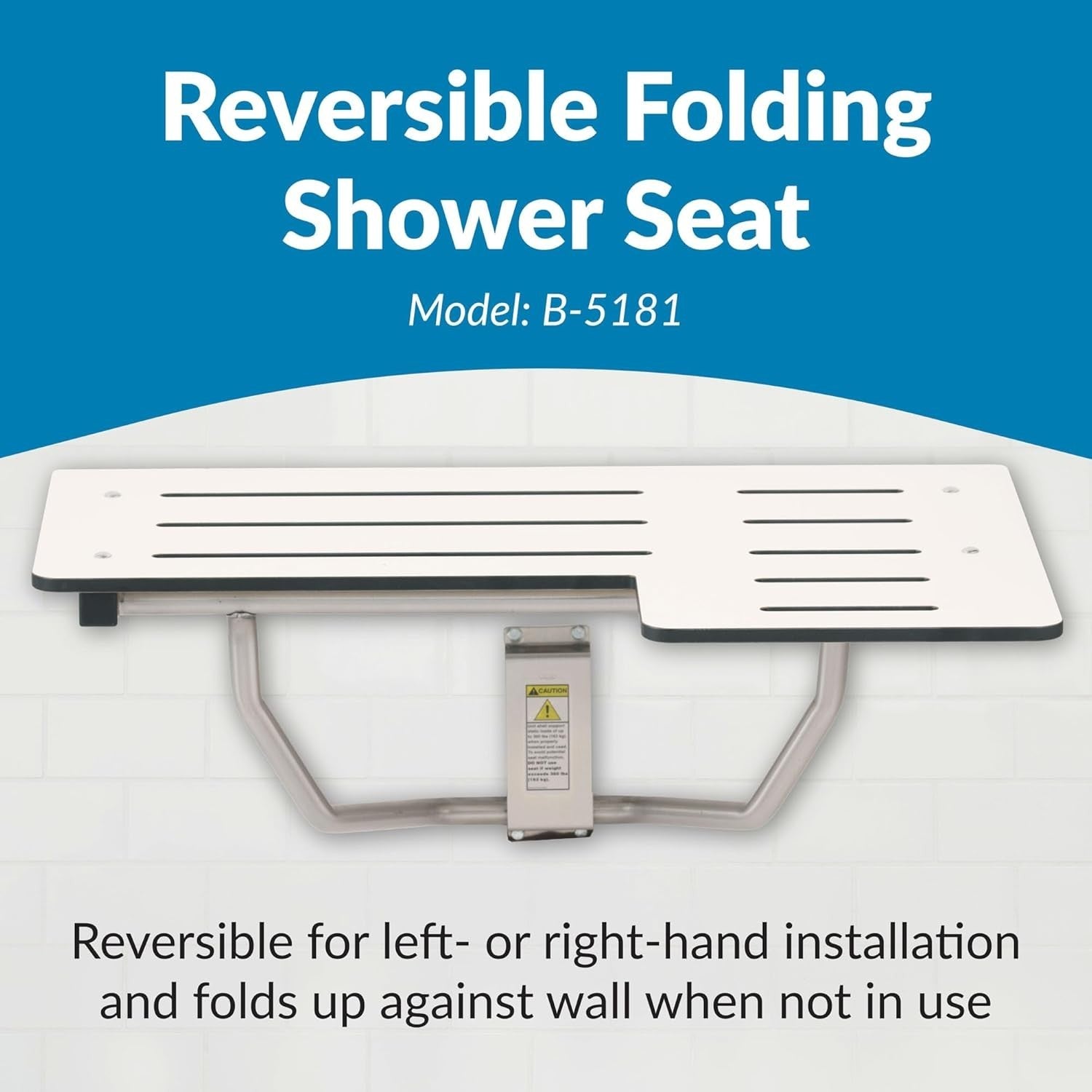 Bobrick Reversible Folding Shower Seat, White/Stainless Steel, Model B-5181