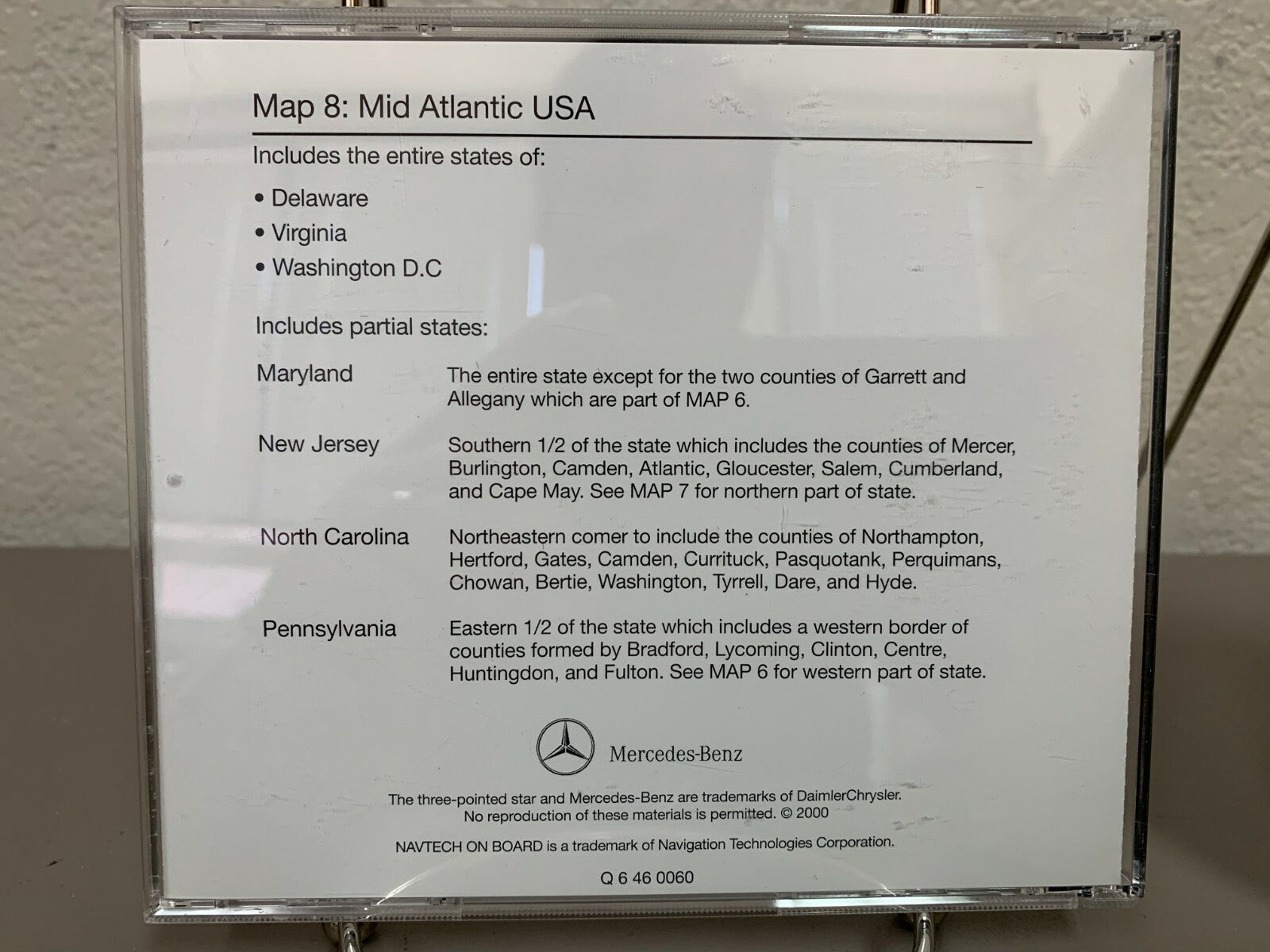 1999-2000 Mercedes Comand Navigation Disc 8 (DE/VA/DC & Parts of MD/NJ/NC&PA)