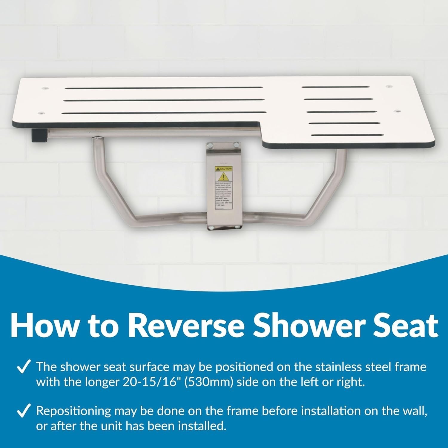 Bobrick Reversible Folding Shower Seat, White/Stainless Steel, Model B-5181