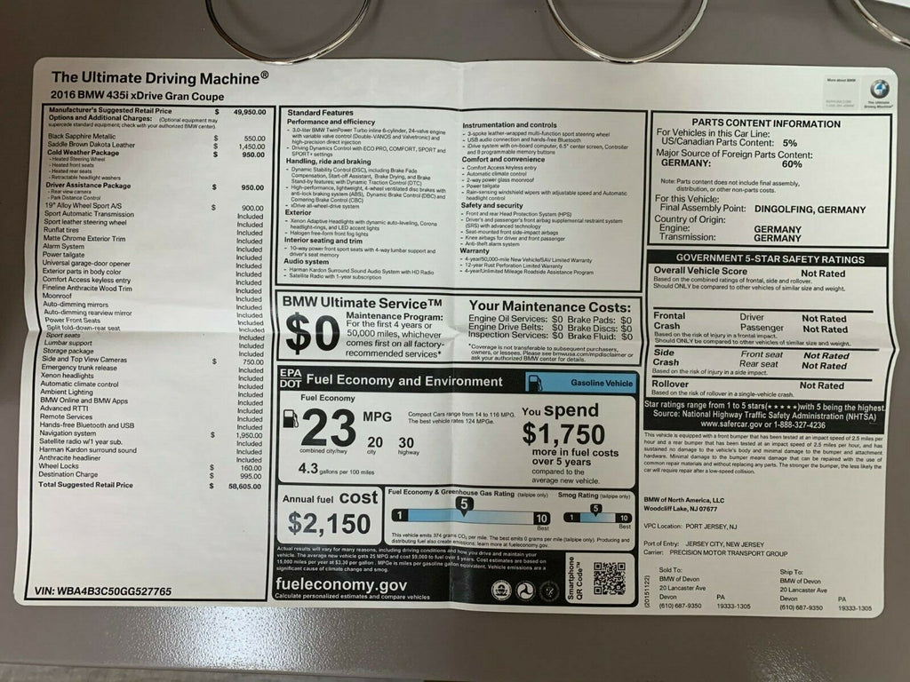 2016 BMW 4 Series Gran Coupe 428i 435i xDrive Genuine OEM Owner's Manual w/Case
