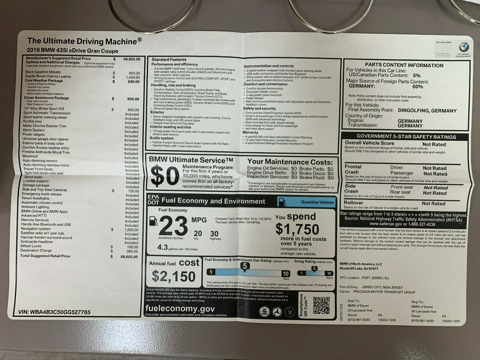 2016 BMW 4 Series Gran Coupe 428i 435i xDrive Genuine OEM Owner's Manual w/Case