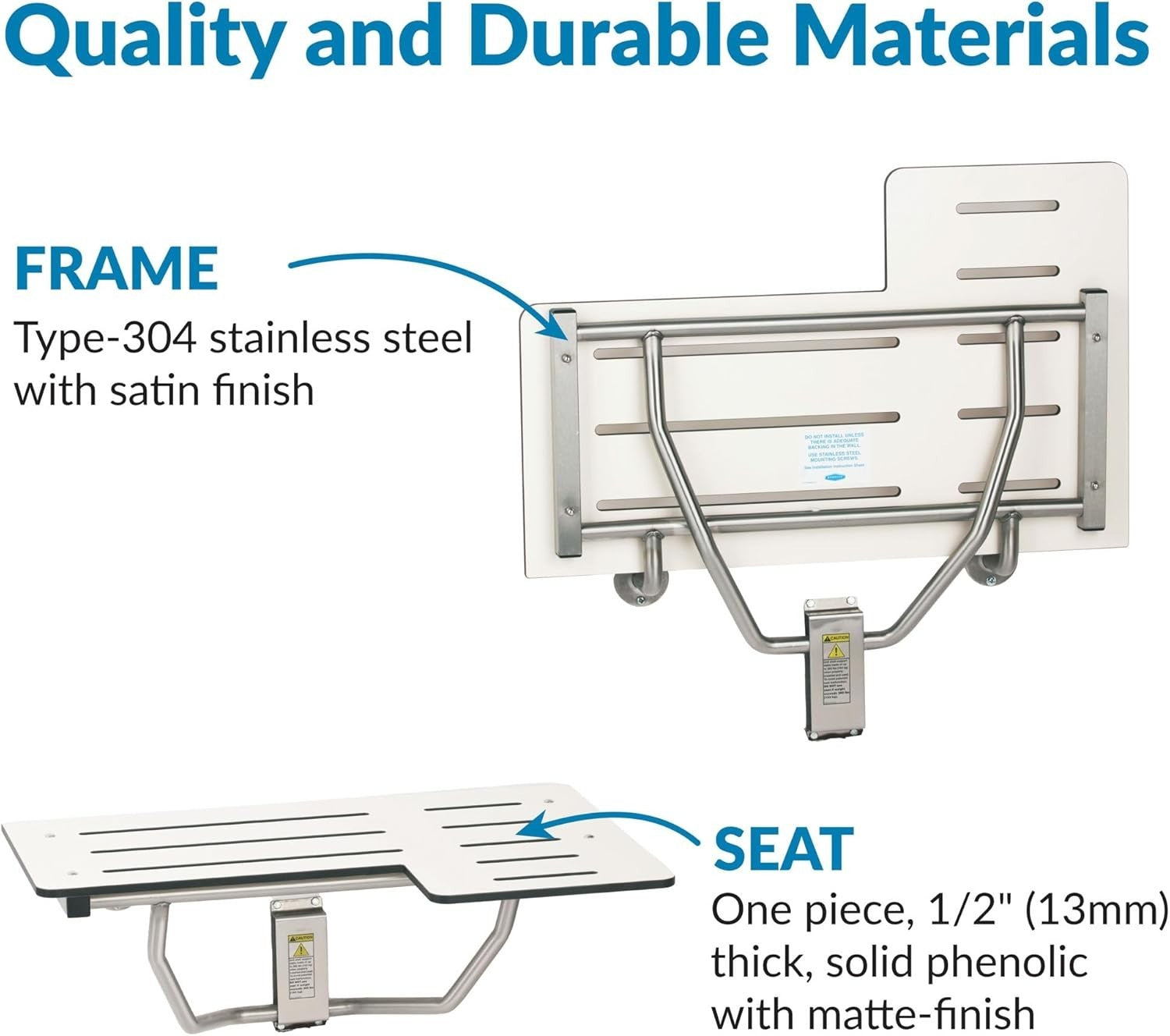 Bobrick Reversible Folding Shower Seat, White/Stainless Steel, Model B-5181