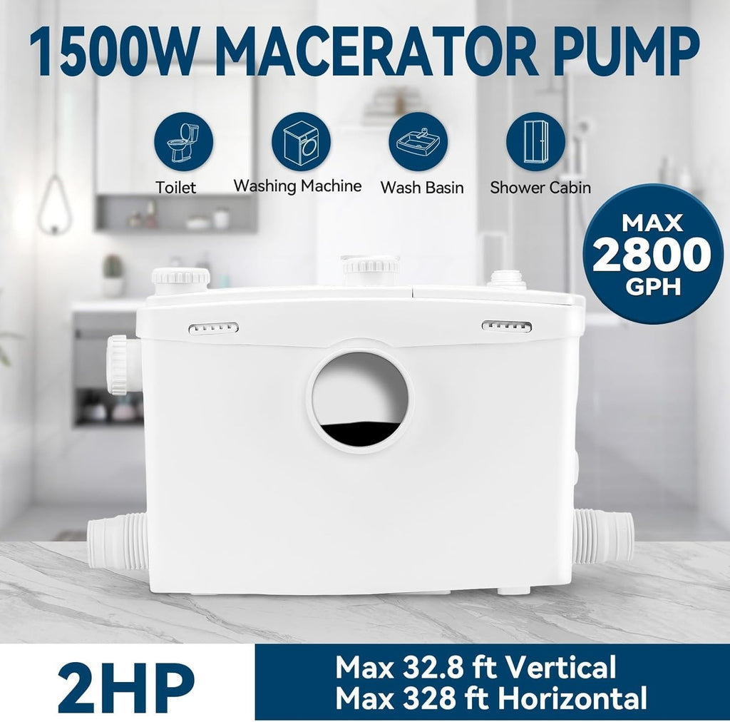 1500W Macerator Pump 2HP Grinding Blade PCB Function Toilet Pump Upflush to 32’
