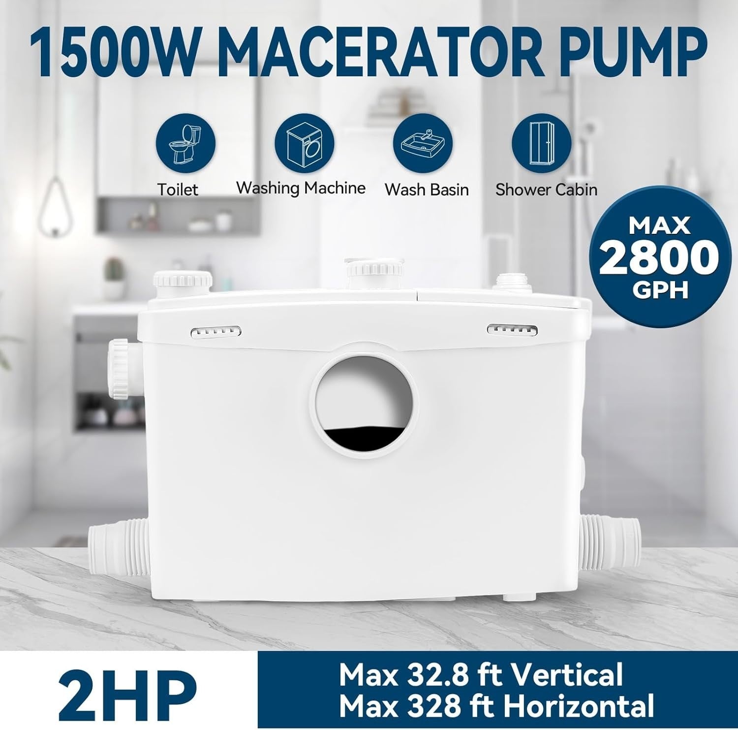 1500W Macerator Pump 2HP Grinding Blade PCB Function Toilet Pump Upflush to 32’