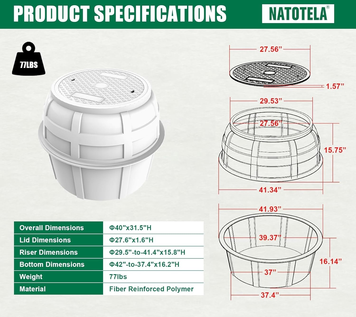 Natotela 40x31.5H Fiberglass Manhole Enclosure/Underground/Vault/Junction Box